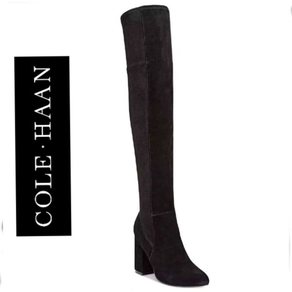 COLE HAAN Darla Tall Over The Knee Boots Black Suede Block Heel Almond Toe 9.5